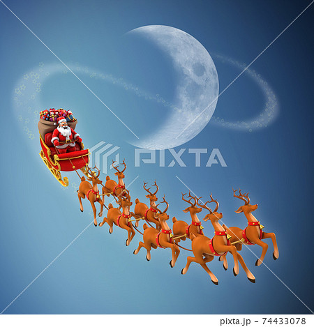 Santa Claus rides reindeer sleigh on Christmas 74433078