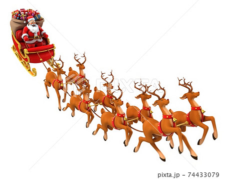 Santa Claus rides reindeer sleigh on Christmas 74433079