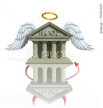 banking problems 3d concept - angel bank seen as a devil bank in reflection banking problems 3d concept - angel bank seen as a devil bank in reflection 74434507