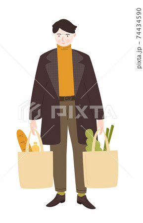 Male character shopping groceries. Man carrying full paper bags with food in both hands. Vector illustration isolated on white background 74434590