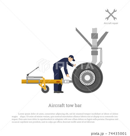 Repair and maintenance of airplane. Mechanical locks the tow bar to aircraft. Plane service. Isolated industrial image Repair and maintenance of airplane. Mechanical locks the tow bar to aircraft. Plane service. Isolated industrial image 74435001
