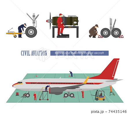 Repair and maintenance of aircraft. Workers serve airplane. Isolated industrial scene 74435146