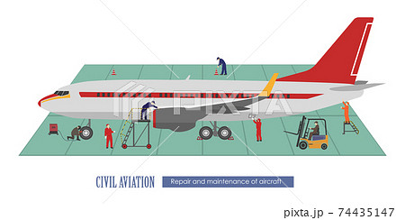 Repair and maintenance of aircraft. Airplane and working in the hangar. Plane service Repair and maintenance of aircraft. Airplane and working in the hangar. Plane service 74435147