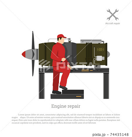 Repair and maintenance of aircraft. TMechanic repairing jet engine of airplane. Plane service Repair and maintenance of aircraft. TMechanic repairing jet engine of airplane. Plane service 74435148