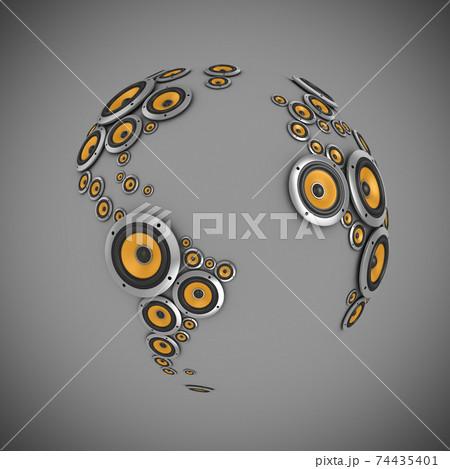 planet of sound 3d illustration - many loudspeakers forming the world map 74435401