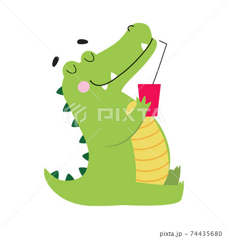 Cute Crocodile Drinking Soda Drink, Funny Alligator Predator Green Animal Character Cartoon Style Vector Illustration 74435680
