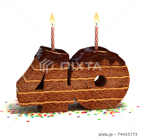 chocolate birthday cake with lit candle and confetti 3d font number 40 74435773
