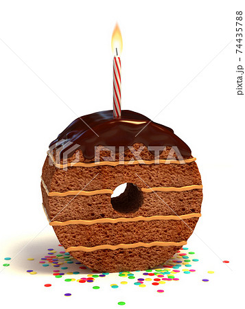 chocolate birthday cake with lit candle and confetti 3d font number 0 74435788