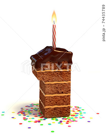 chocolate birthday cake with lit candle and confetti 3d font number 1 74435789