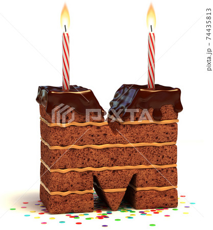 chocolate birthday cake with lit candle and confetti 3d font letter M 74435813