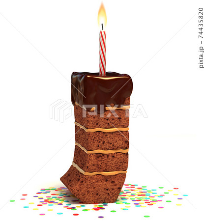 chocolate birthday cake with lit candle and confetti 3d font letter J chocolate birthday cake with lit candle and confetti 3d font letter J 74435820