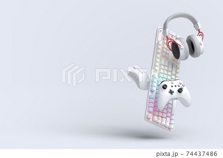 Flying gamer gears like mouse, keyboard, joystick, headset, VR Flying gamer gears like mouse, keyboard, joystick, headset, VR 74437486