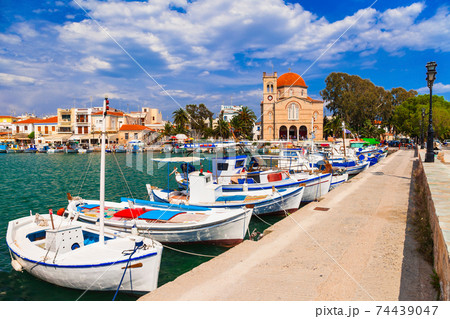 Authentic beautiful Greek islands -Aegina with traditional fishing boats, Saronics 74439047