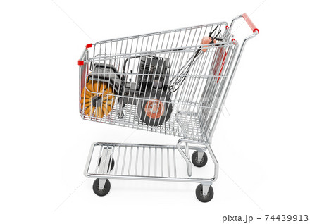Shopping cart with Snow Sweeper Power Brush Broom Industrial. 3D rendering 74439913