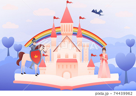 Open book with magical fantasy world from fair tale with medieval castle, cartoon knight on horse save princess 74439962