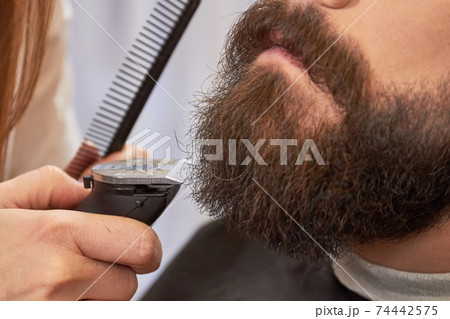Beard trimming close up. Beard trimming close up. 74442575