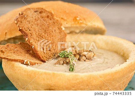 Cream soup with mushrooms, close up. Cream soup with mushrooms, close up. 74443335