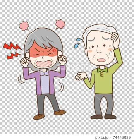 認知症でイライラする高齢女性を介護する高齢男性 74443929