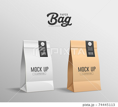 White and Brown Paper bag folded, mouth bag there are stickers, mock up collections design 74445113