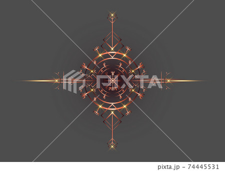 Magic ancient viking art deco, Vegvisir magic navigation compass ancient. The Vikings used many symbols in accordance to Norse mythology. Fiery gold bronze logo icon Wiccan esoteric sign isolated Magic ancient viking art deco, Vegvisir magic navigation compass ancient. The Vikings used many symbols in accordance to Norse mythology. Fiery gold bronze logo icon Wiccan esoteric sign isolated 74445531