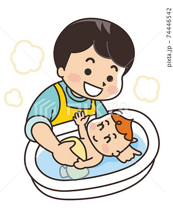 赤ちゃんを沐浴させる父親のイラスト素材