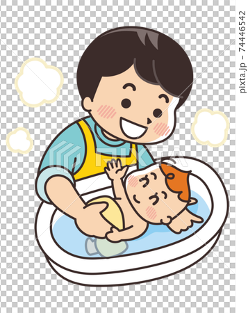 赤ちゃんを沐浴させる父親のイラスト素材