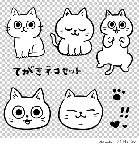 モノクロ手書き猫セットのイラスト素材