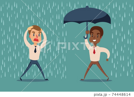 Man in the rain. Businessman go from the rain while another businessman has the umbrella. 74448614