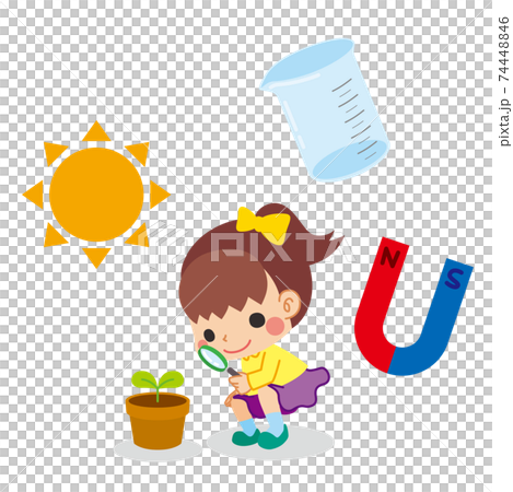 Illustration of a cute little girl observing plants with a magnifying glass in elementary school and school subject science 74448846