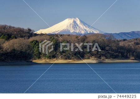 冬の狭山湖から見る富士山の写真素材