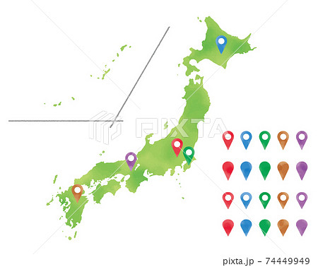 水彩タッチの日本列島のとマーカーピンのイラスト 74449949