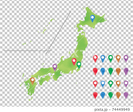 Illustration of Japanese archipelago and marker pin with watercolor touch 74449949