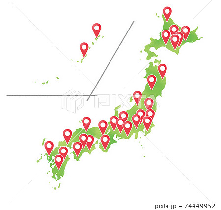 水彩タッチの日本列島にピンがたくさん刺さったイラスト 74449952