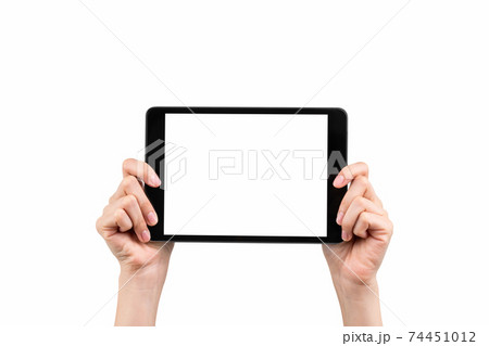 Hand holding tablet mockup of blank screen on isolated. Take your screen to put on advertising. 74451012