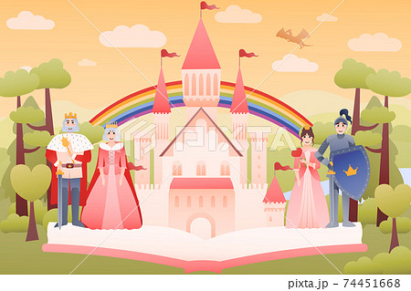 Reading fairy tales concept with open book, medieval castle, rolay family - king and queen, knight and princess Reading fairy tales concept with open book, medieval castle, rolay family - king and queen, knight and princess 74451668