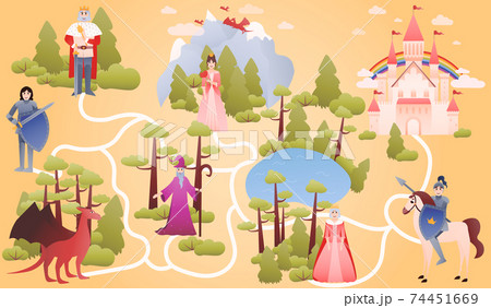 Fantasy dreamlike world map, riddle for kids, help khight find way to princess, colourful educational game for print Fantasy dreamlike world map, riddle for kids, help khight find way to princess, colourful educational game for print 74451669