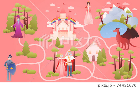 Fairy tale map with fantasy characters, educational game for kids, help find right way to princess, magical dragon Fairy tale map with fantasy characters, educational game for kids, help find right way to princess, magical dragon 74451670
