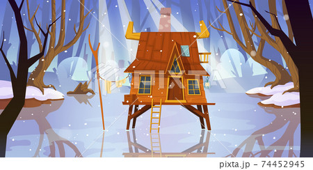 Wood Stilt House At Frozen Swamp In Winter Forestのイラスト素材