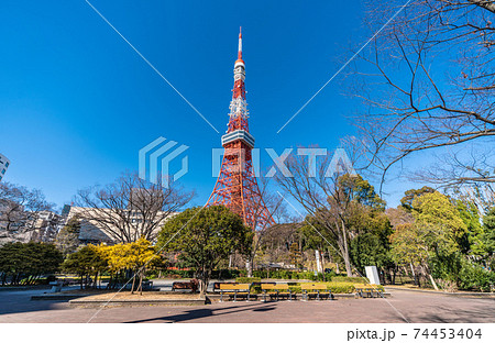 日本の東京都市景観 青空に映える東京タワーを都立芝公園から望む 日本の東京都市景観 青空に映える東京タワーを都立芝公園から望む 74453404