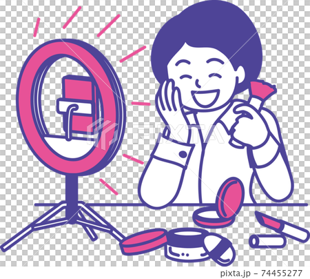 リングライトを使って 自宅で美容の動画を配信している女性のイラストのイラスト素材 リングライトを使って 自宅で美容の動画を配信している女性のイラストのイラスト素材