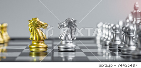 Gold and silver Chess Knight (horse) figure on Chessboard against opponent or enemy. Strategy, Conflict, management, business planning, tactic, politic, communication and leader concept Gold and silver Chess Knight (horse) figure on Chessboard against opponent or enemy. Strategy, Conflict, management, business planning, tactic, politic, communication and leader concept 74455487