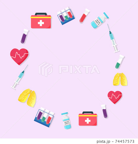 Simple neutral background for information on covid infection. Circle frame with medicine icons. Round design template for text, cards, banners. Cartoon flat design editable EPS 10 illustration. Simple neutral background for information on covid infection. Circle frame with medicine icons. Round design template for text, cards, banners. Cartoon flat design editable EPS 10 illustration. 74457573