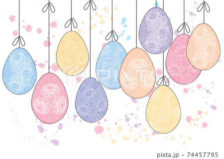 Background with hanging Easter eggs. Handmade decorative elements in vector.	 74457795