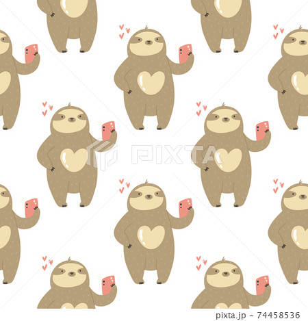 Seamless pattern with cute sloths taking selfies. Vector illustration with funny characters. 74458536