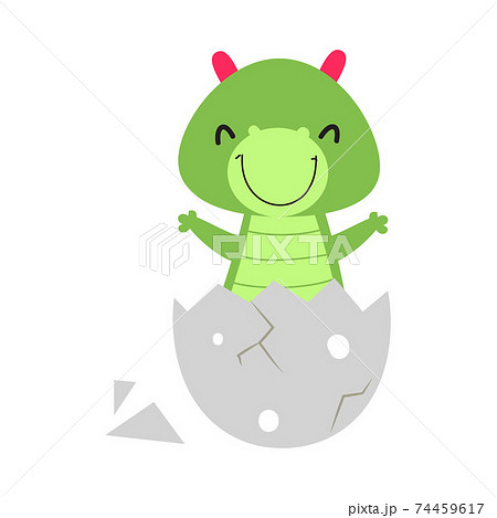 Cute Happy Little Green Dragon Sitting In のイラスト素材