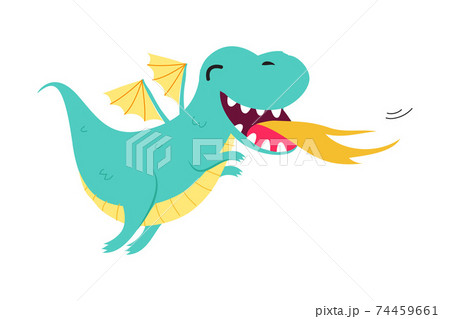 Cute Little Baby Dragon Spitting Fire, Funny Fantastic Creature Fairy Tale Character Cartoon Style Vector Illustration 74459661