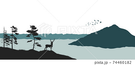 Silhouette of mountain lake. Panorama of forest with deer. Wild nature landscape. Nature scene 74460182