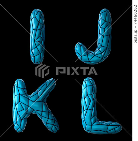 Realistic 3D letters set I, J, K, L made of low poly style. Collection symbols of low poly style blue color plastic isolated on black background Realistic 3D letters set I, J, K, L made of low poly style. Collection symbols of low poly style blue color plastic isolated on black background 74460262