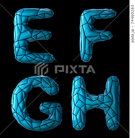 Realistic 3D letters set E, F, G, H made of low poly style. Collection symbols of low poly style blue color plastic isolated on black background Realistic 3D letters set E, F, G, H made of low poly style. Collection symbols of low poly style blue color plastic isolated on black background 74460263