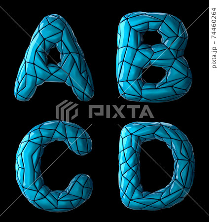 Realistic 3D letters set A, B, C, D made of low poly style. Collection symbols of low poly style blue color plastic isolated on black background Realistic 3D letters set A, B, C, D made of low poly style. Collection symbols of low poly style blue color plastic isolated on black background 74460264
